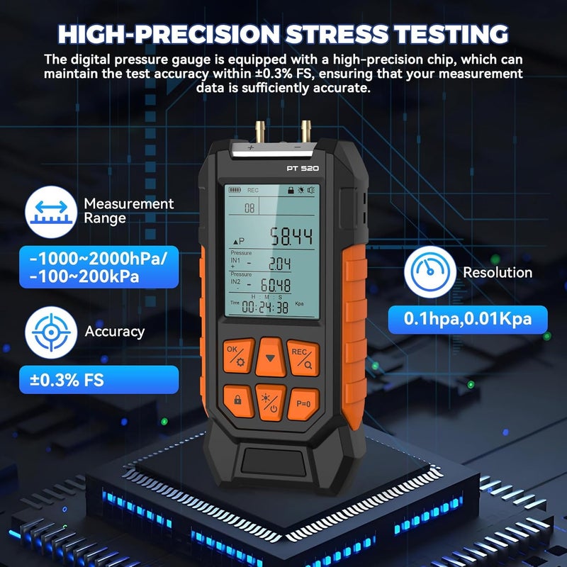 Autory Manometer Gas Pressure Tester Dual-Port Digital Manometer 10 Measurement Units, Manometer HVAC Gas Pressure Tester with 29 Sets Data Recording, Backlight & Flashlight, Auto-Shutdown, -100 to 200Kpa - Image 3